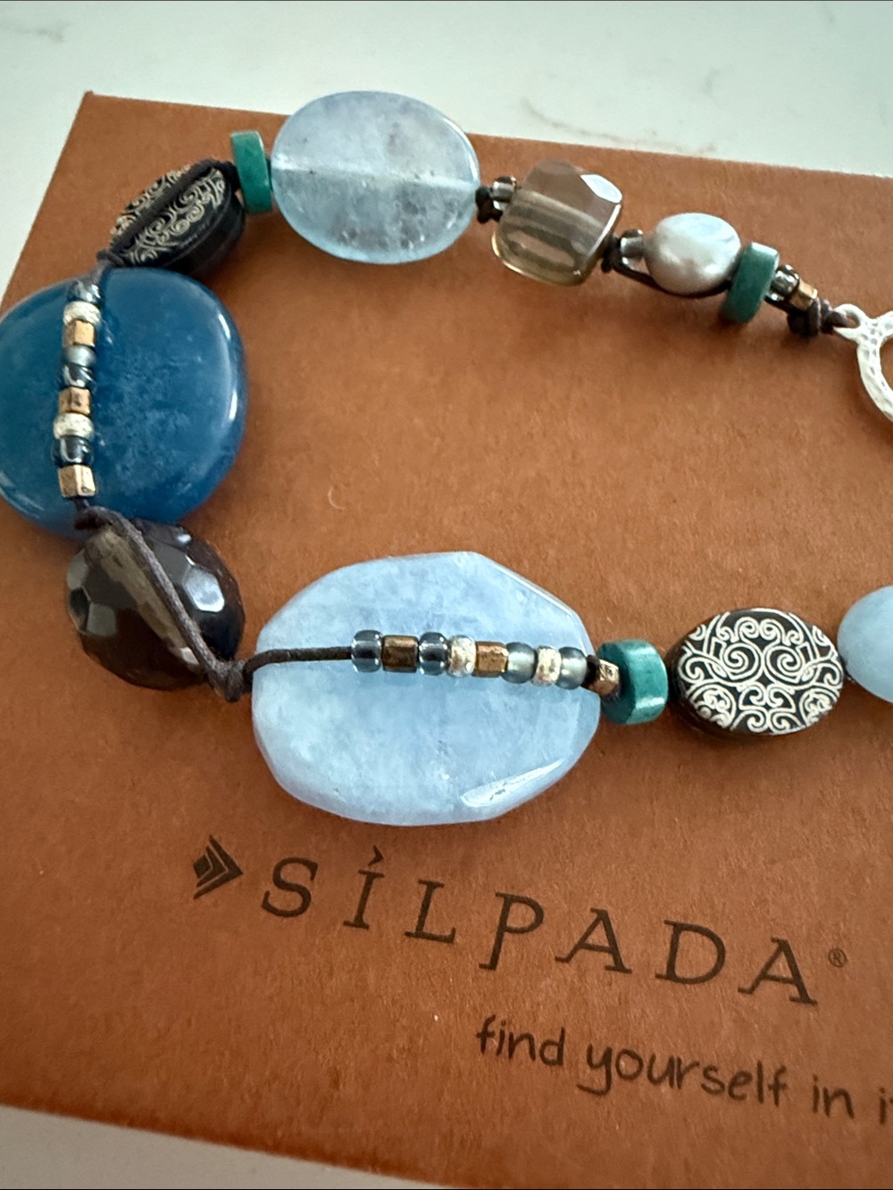Sterling Silver, Etched Shell, Pearl, Quartz, Magnesite and Glass Bracelet B2240 - Picture 3 of 10